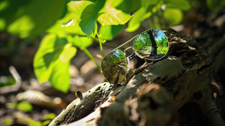 A pair of sunglasses sitting on top of a tree branchの素材