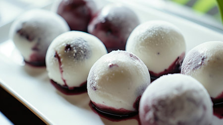 A white plate topped with mochi ice cream dessertの素材