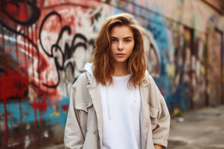 A woman standing in front of a graffiti covered wallの素材
