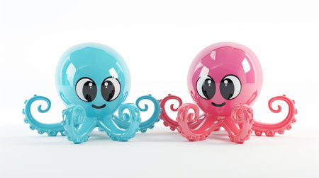 A couple of octopus figurines sitting next to each other, funny cute inflatable toy on white background.の素材