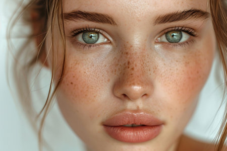 Close-up: Womans face radiates natural beauty, healthy, clean skin. Flawless complexion adorned with minimal, natural makeup accentuates innate beautyの素材
