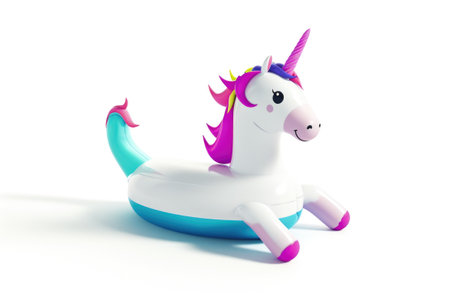 A white and blue inflatable unicorn sitting on a white surfaceの素材