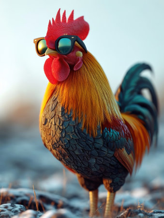 A close up of a rooster wearing glassesの素材