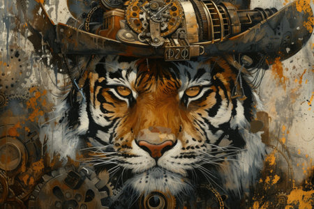 A painting of a tiger wearing a hat, surreal illustration with steampunk and wild west elements.の素材