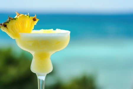 A close up of a drink with a pineapple garnishの素材