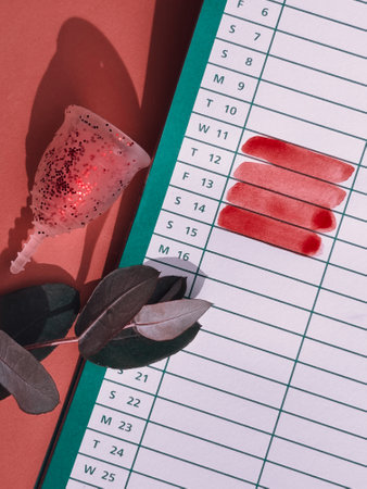 Menstrual cup with red glitter and calendar with menstruation days marked in red color, female health concept imageの写真素材