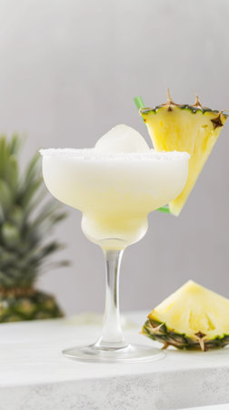 A glass filled with a drink next to a pineappleの素材