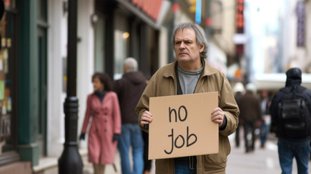 A man holding a sign that says no jobの素材