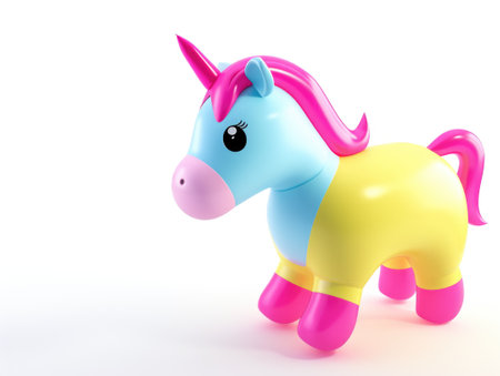 A plastic toy horse with a pink mane, funny cute inflatable toy on white background.の素材