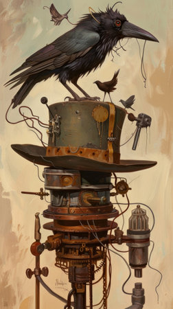 A painting of a bird sitting on top of a hat, surreal illustration with steampunk and wild west elements.の素材