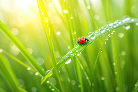 A ladybug sits on a blade of grassの素材