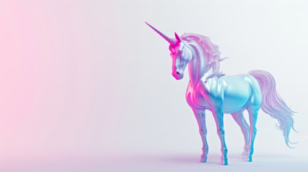 A pink and blue unicorn standing on a white surface, copy-space, place for textの素材