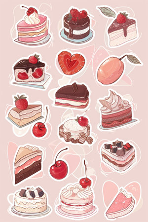 A bunch of different types of cakes on a pink backgroundの素材