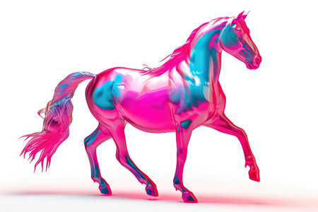A pink and blue horse running on a white surfaceの素材