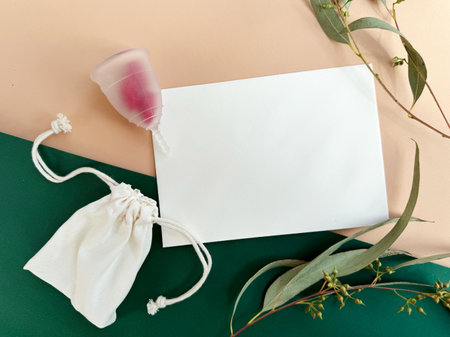 Menstrual cup and contraceptive pills on beige and green background with eucalyptus twig. Flat lay with female health products and copy-space.の写真素材