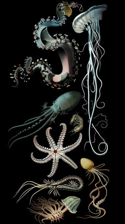 A group of sea creatures on a black background, imitation of vintage zoology book illustrations.の素材