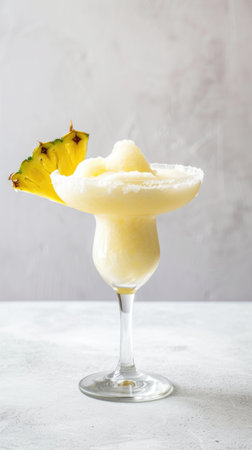 A close up of a drink in a glass with a pineapple garnishの素材