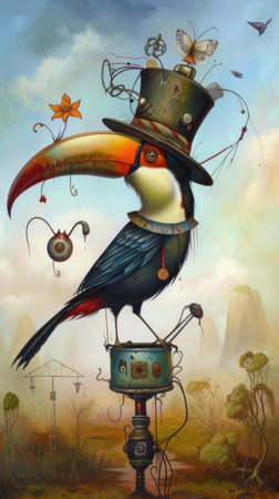A painting of a bird wearing a top hat, surreal illustration with steampunk and wild west elements.の素材