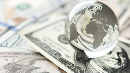 A glass globe sitting on top of a pile of moneyの素材