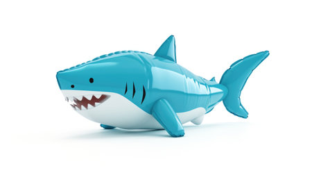A blue toy shark with a smile on its face, funny cute inflatable toy on white background.の素材