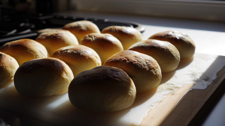 A bunch of rolls sitting on top of a cutting boardの素材