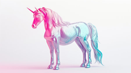 A pink and blue unicorn standing in front of a white backgroundの素材