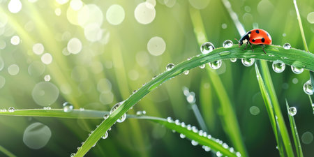 A ladybug sitting on a blade of grass with water dropletsの素材