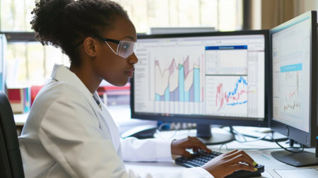 A woman in a lab coat is typing on a computerの素材