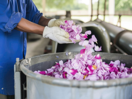 A person in a blue shirt and white gloves, essential oil production processの素材