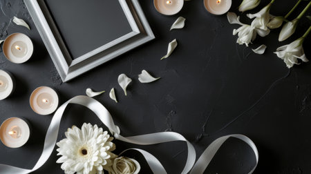 A black table topped with white flowers and candles, condolence funeral card with copy-space.の素材