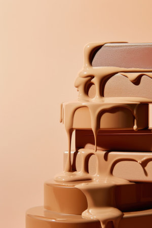 A stack of beige podiums covered in melted suntan or nail varnish, monochromatic image on beige backgroundの素材