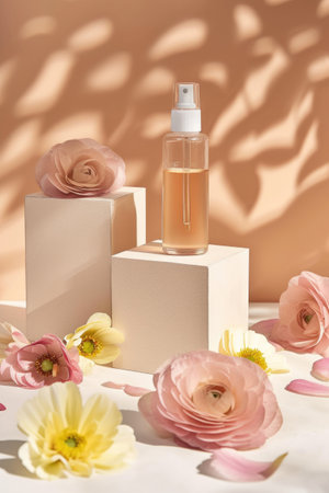 A bottle of perfume surrounded by flowers on a tableの素材