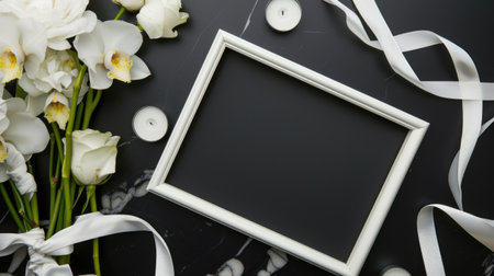 A picture frame surrounded by white flowers and candles, condolence funeral card with copy-space.の素材