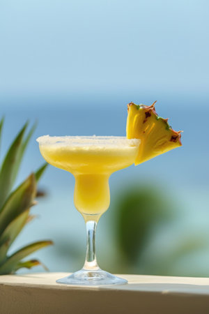 A glass filled with a drink next to a pineappleの素材