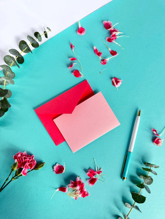 Pink Envelope With Note and Pen on Turquoise Background, Carnation Flowers, Copy-space on Greeting...