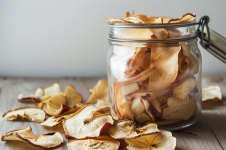 A glass jar filled with apple chips on top of a wooden tableの素材