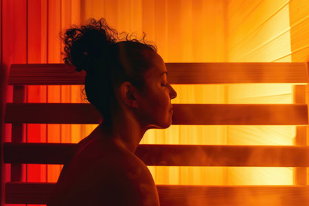 A woman sitting in an infrared sauna with steam coming out of itの素材