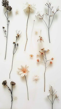 A bunch of flowers on a white surface, barely there florals on white background.の素材
