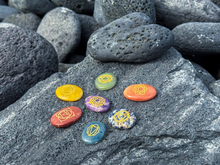 Healing crystals, chakra stones. Rainbow gemstones in a circle on grey volcanic pebblesの写真素材
