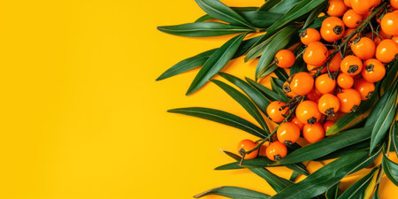 Panoramic banner with sea buckthorn berries and leaves on orange paper, panoramic banner with copy-spaceの素材