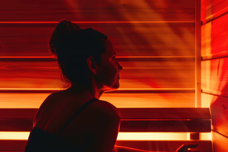 A woman sitting in a sauna room with a red light, infrared sauna interiorの素材