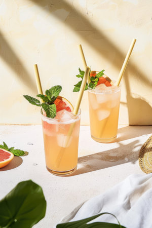 close-up photo of two paloma coctails with mint leaves and grapefruit slices on sunlit background with shadowsの素材