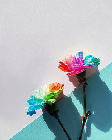 Rainbow Colored Carnations on White and Blue Mint Paper, Copy-space