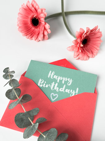 Pink Envelope With Happy Birthday Cardの写真素材