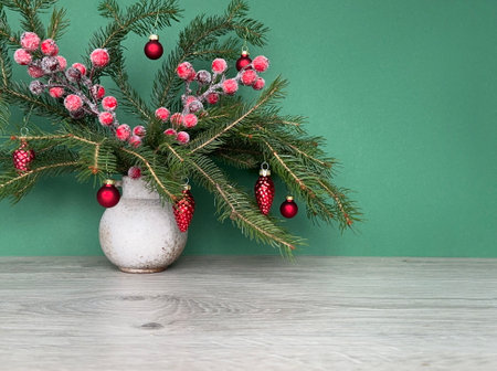 Winter arrangement with fir twigs, christmas decorations and red rowan berry on wooden table next to green wallの写真素材