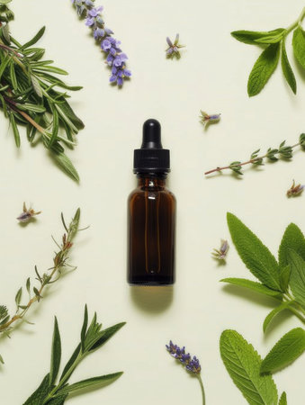 A bottle of essential oil surrounded by herbsの素材