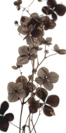 A close up of a plant with leaves, macro image of dry flowers and stemsの素材