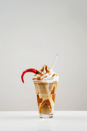Cold brew coffee topped with dollop of whipped cream, chili flakes and a single red chiliの素材