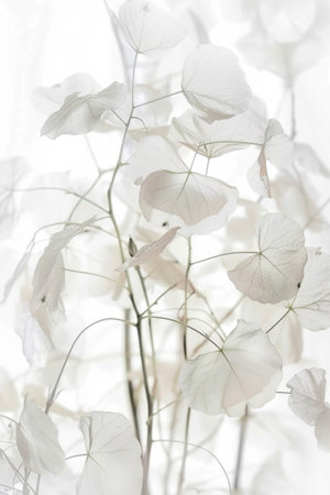 A bunch of white umbrellas are in a vase, barely there florals on white background., white lunaria flowersの素材