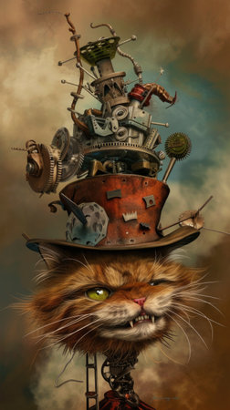 A cat with a hat on top of its head, surreal illustration with steampunk and wild west elements.の素材